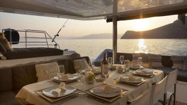 boom lagoon catamaran dining (1) min - Valef Yachts Chartering