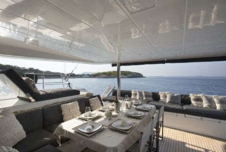 boom lagoon catamaran dining (3) min - Valef Yachts Chartering