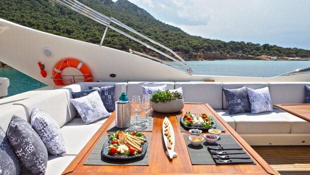 divine motor yacht exterior dining - Valef Yachts Chartering