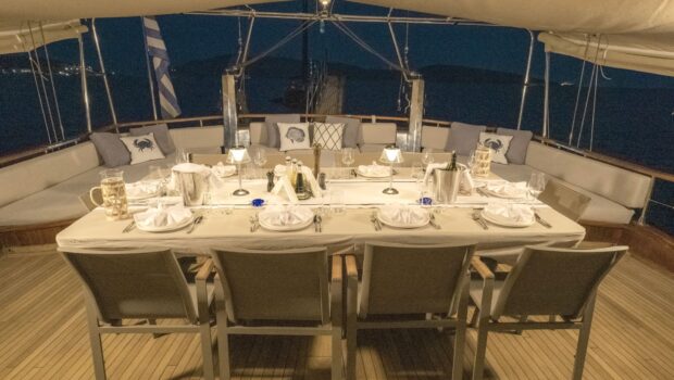 MS Luxury Aegean Schatz aft table 4 min - Valef Yachts Chartering