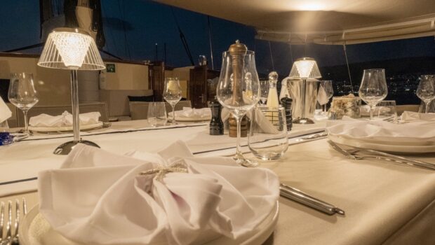 MS Luxury Aegean Schatz aft table 5 min - Valef Yachts Chartering